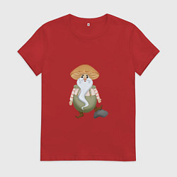 Футболка хлопковая женская Гриб - гномик Старик сказочный персонаж, цвет: красный