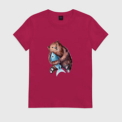Футболка хлопковая женская Медведь-рыбак, цвет: маджента