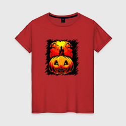 Футболка хлопковая женская Жуткая тыква на Хэллоуин, цвет: красный