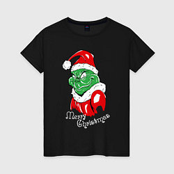Футболка хлопковая женская Merry Christmas, Santa Claus Grinch, цвет: черный