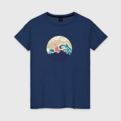 Футболка хлопковая женская Большие океанские волны и силуэт острова на закате, цвет: тёмно-синий