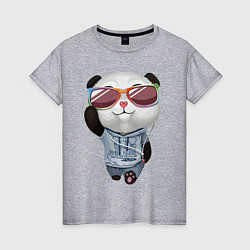 Футболка хлопковая женская Прикольный пандёныш в темных очках и наушниках, цвет: меланж
