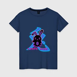 Футболка хлопковая женская Скоро буду черный кролик с иероглифом, цвет: тёмно-синий
