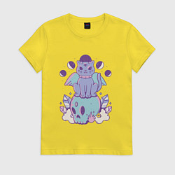 Футболка хлопковая женская Кот с крыльями в готическом стиле, цвет: желтый