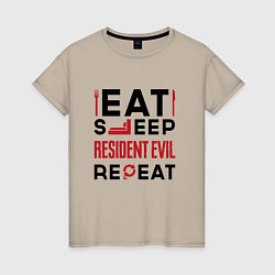 Футболка хлопковая женская Надпись: eat sleep Resident Evil repeat, цвет: миндальный