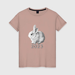 Футболка хлопковая женская Новогодний белый кролик, символ 2023 года, цвет: пыльно-розовый