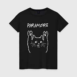 Футболка хлопковая женская Paramore рок кот, цвет: черный