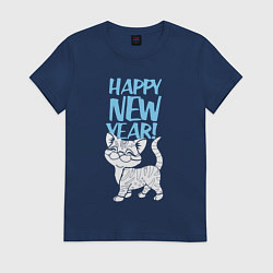 Футболка хлопковая женская Happy new year - kitten, цвет: тёмно-синий