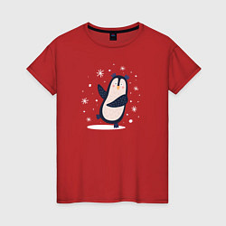 Футболка хлопковая женская Пингвин в снежинках, цвет: красный