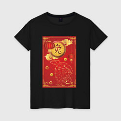 Футболка хлопковая женская Китайский иероглиф и золотой кролик на красном, цвет: черный