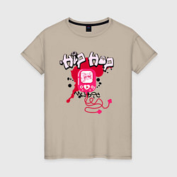 Футболка хлопковая женская Граффити хип-хоп плеер с наушниками, цвет: миндальный