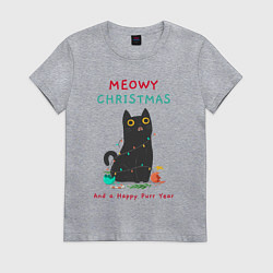 Футболка хлопковая женская Meowy Christmas and a happy purr year, цвет: меланж