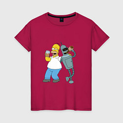 Футболка хлопковая женская Drunk Homer and Bender, цвет: маджента