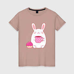 Футболка хлопковая женская Круглый зайчик с кексом и кофе, цвет: пыльно-розовый
