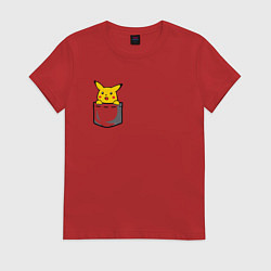 Футболка хлопковая женская Пикачу в кармане арт, цвет: красный