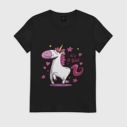 Футболка хлопковая женская Girl unicorn, цвет: черный