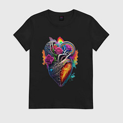 Футболка хлопковая женская Костяное сердце в розах, цвет: черный