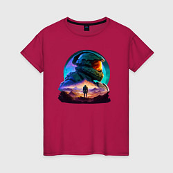 Футболка хлопковая женская Киборг и космический пейзаж, цвет: маджента