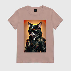Футболка хлопковая женская Кот рокер, цвет: пыльно-розовый