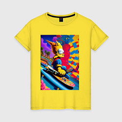 Футболка хлопковая женская Барт Симпсон скейтбордист - нейросеть, цвет: желтый