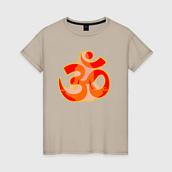 Футболка хлопковая женская Символ ОМ с девушкой в позе медитации, цвет: миндальный