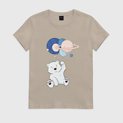 Футболка хлопковая женская Мишка летит на шариках, цвет: миндальный