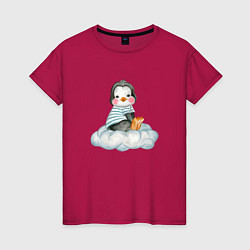 Футболка хлопковая женская Пингвин на облаке, цвет: маджента