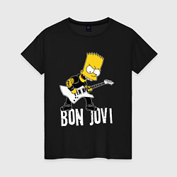 Футболка хлопковая женская Bon Jovi Барт Симпсон рокер, цвет: черный