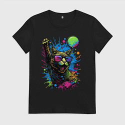Футболка хлопковая женская Кот тусовщик, цвет: черный