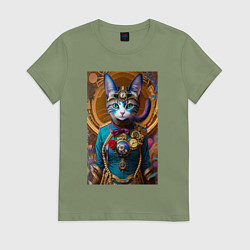 Футболка хлопковая женская Кошечка в стиле стимпанк - нейросеть - искусство, цвет: авокадо