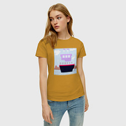 Футболка хлопковая женская Корабль двухъярусный с трубами, цвет: горчичный — фото 2