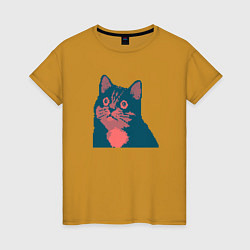 Футболка хлопковая женская Vintage pixel cat, цвет: горчичный