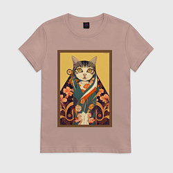Футболка хлопковая женская Кот в кимоно, цвет: пыльно-розовый