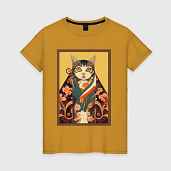 Футболка хлопковая женская Кот в кимоно, цвет: горчичный