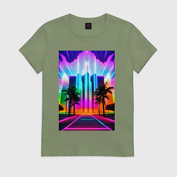 Футболка хлопковая женская Пальмы и неоновые огни, цвет: авокадо