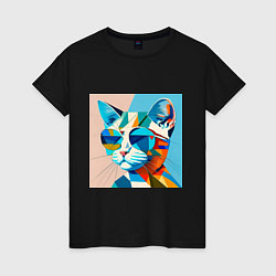 Футболка хлопковая женская Кот в темных очках Пикассо, цвет: черный