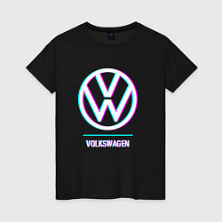 Футболка хлопковая женская Значок Volkswagen в стиле glitch, цвет: черный