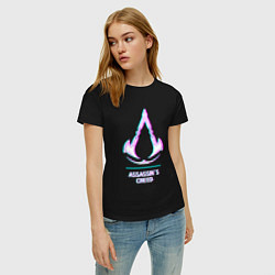 Футболка хлопковая женская Assassins Creed в стиле glitch и баги графики, цвет: черный — фото 2