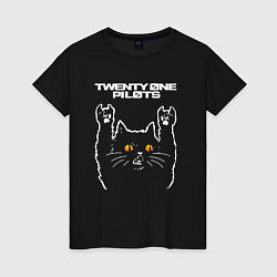 Футболка хлопковая женская Twenty One Pilots rock cat, цвет: черный
