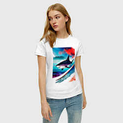 Футболка хлопковая женская Shark - watercolor - art, цвет: белый — фото 2