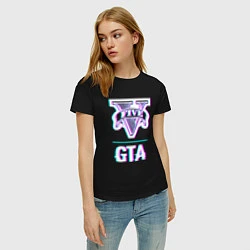 Футболка хлопковая женская GTA в стиле glitch и баги графики, цвет: черный — фото 2