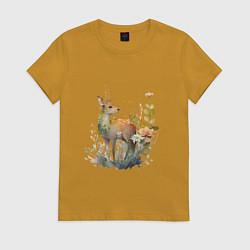 Футболка хлопковая женская Акварельный милый олень, цвет: горчичный