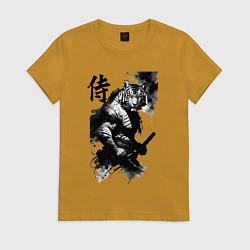 Футболка хлопковая женская Tiger samurai - hieroglyph - art, цвет: горчичный
