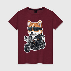 Футболка хлопковая женская Shiba Inu собака мотоциклист, цвет: меланж-бордовый