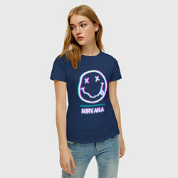 Футболка хлопковая женская Nirvana glitch rock, цвет: тёмно-синий — фото 2