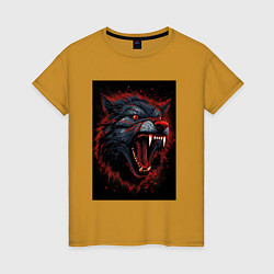 Футболка хлопковая женская Агрессивный красный волк, цвет: горчичный
