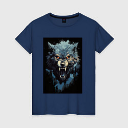 Футболка хлопковая женская Серый волк и синии брызги, цвет: тёмно-синий
