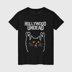 Футболка хлопковая женская Hollywood Undead rock cat, цвет: черный