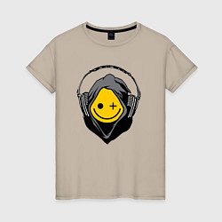 Футболка хлопковая женская Смайлик в наушниках smiley face in headphones, цвет: миндальный