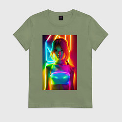 Футболка хлопковая женская Japanese girl - neon glow - neural network, цвет: авокадо